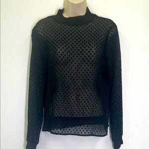 Zara - Black Chiffon Polka Dot Sheer Mock Neck Long Sleeve Blouse Size Medium